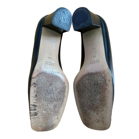 SOLD:Gucci Women's Gold Horsebit Navy Blue Block Heels Size 38C, 8 Wide - Picture 8 of 11